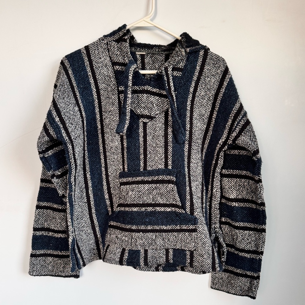 blue and grey striped Mexican Baja hoodie size medium